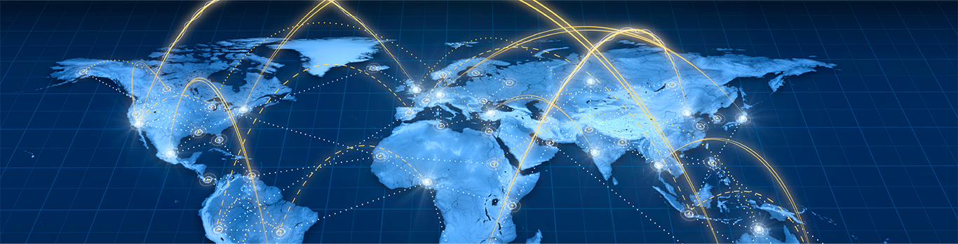map of the world with arcing lines depicting travel