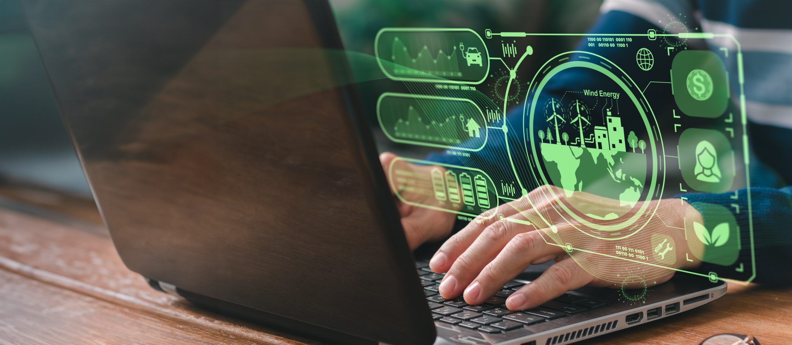 A person typing on a laptop, a futuristic display hub hovers over the hands.